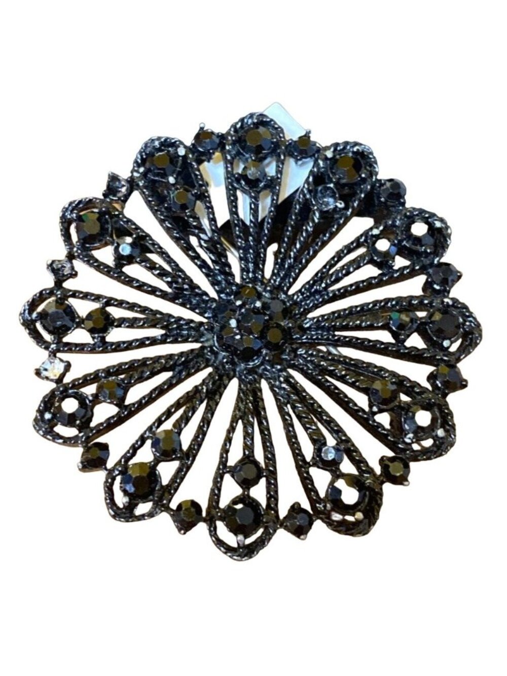 Vintage Black Rhinestone Floral Brooch Pin Elegant Jewelry Women’s Accessory